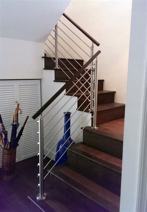 Stainless Steel Rod Railings And Wood Handrail Bella Stairs Llc
