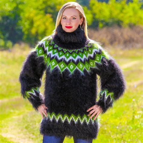 Black Hand Knitted Mohair Sweater Icelandic Fuzzy Handmade Pullover