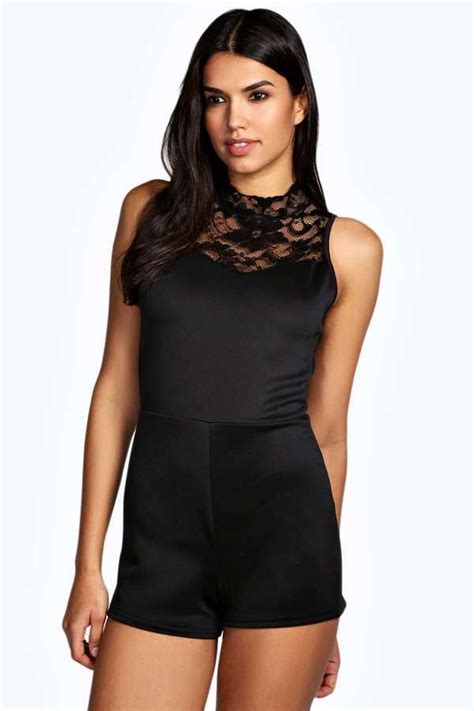 Black Lace Playsuit Boohoo Cassie High Neck Lace Insert