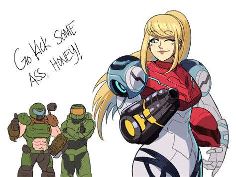 Doomguy And Chief Wishing Luck To The Original Space Warrior Samus Aran Crossover Know Your Meme
