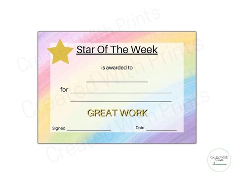 Star Of The Week Certificate Printable Award Certificate Etsy Uk