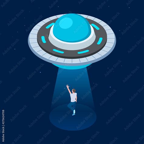 Vector Aliens Abduct Man UFO Flying Spaceship Isometric Design UFO