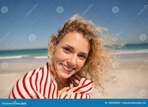 Beautiful Woman Wrapped In Towel Standing On The Beach Stock Photo Image Of Freedom