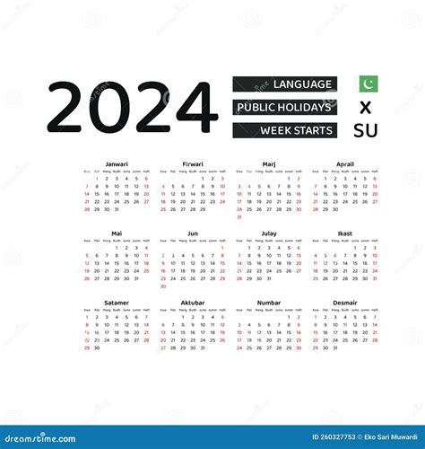 Pakistan Calendar 2024 Week Starts From Sunday Vector Graphic Design