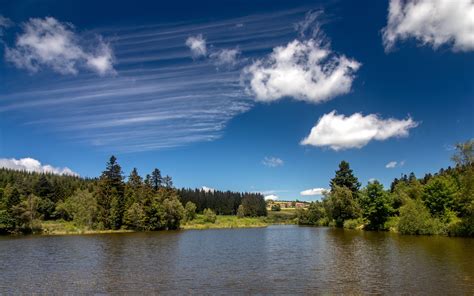 Download Wallpaper 3840x2400 Lake Spruce Trees Sky Clouds 4k Ultra