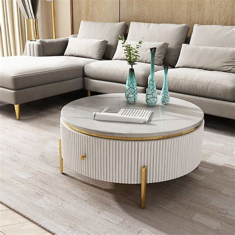 Yelly Modern Round Coffee Table With Storage Marble Accent Table