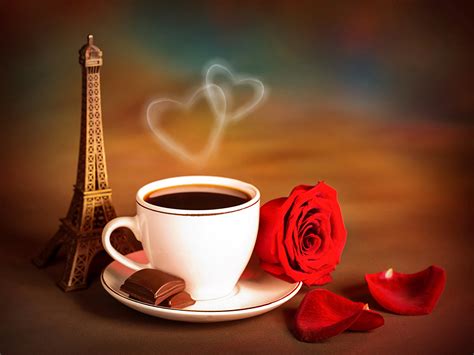Top view of flowers, camera, cosmetics, cup of coffee and doughnut on wooden table top. Desktop Wallpapers Eiffel Tower Chocolate Roses Coffee ...