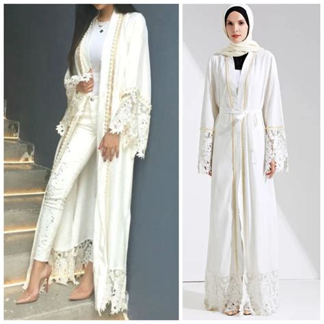 Muslim Lace Maxi Dress Abaya Embroidery Cardigan Pearl Long Robes Tunic