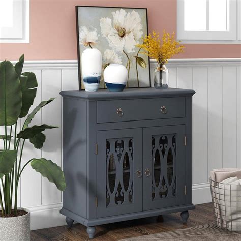 Godeer Blue Wood Accent Buffet Sideboard Storage Cabinet With Doors And