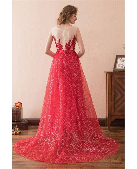 Sparkly Sequined Red Prom Dress Long With Lace Beading Train Ch