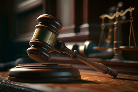 Justice Served Gavel on Wooden Desk in Courtroom AI generated 24062115