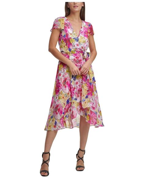 dkny synthetic floral print flutter sleeve faux wrap midi dress in pink lyst