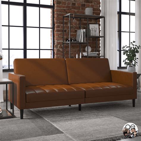 Queer Eye Liam Futon Couch Living Room Furniture Camel Faux Leather