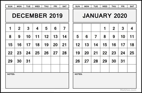 December 2019 January 2020 Calendar With Notes Calendar Printables