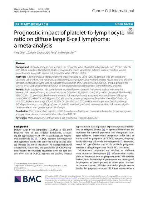 Pdf Prognostic Impact Of Platelet To Lymphocyte Ratio On Diffuse