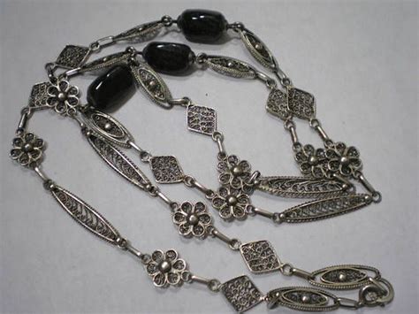 Vintage 800 Silver Filigree Black Jasper Necklace 275 Inches Etsy