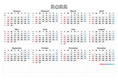 2022 Year Calendar Printable Landscape Pdf Image