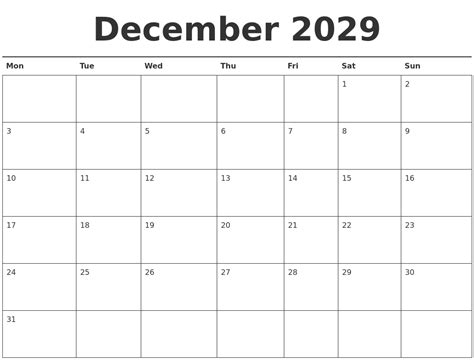 December 2029 Calendar Printable