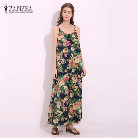 Zanzea Womens Vintage Spaghetti Strap Cotton Sexy Sundress Summer Floral Printed Red Long Maxi