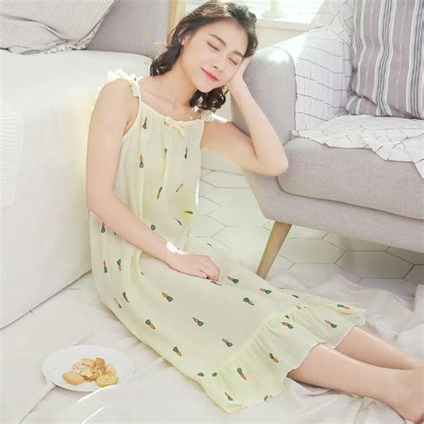 Spaghetti Strap Nightgown Women Sleepwear Summer Cotton Loose Nightgowns Dress Version Fresh