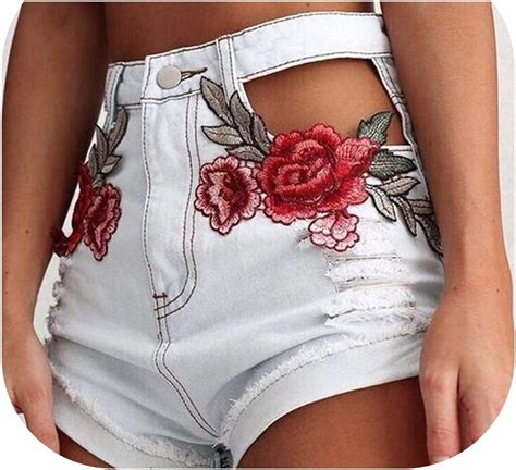 Hollow Out Jeans Shorts Women Rose Embroidery Sexy White Ripped Denim Pantalones High Waist