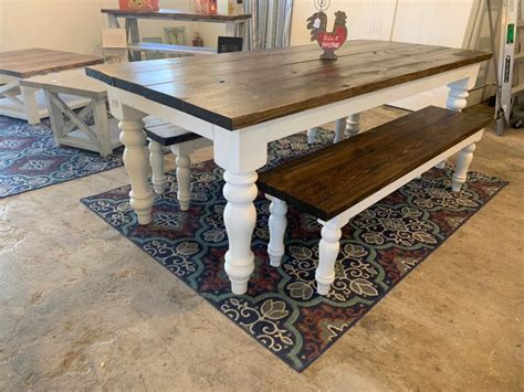 Chunky Turned Leg Farmhouse Table With Benches Dark Walnut And Antique