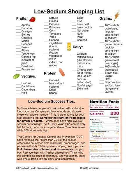 Read food labels and compare the amount of sodium in different products, then choose the options with the lowest amounts of sodium. Low Sodium Shopping List | Heart healthy recipes low ...