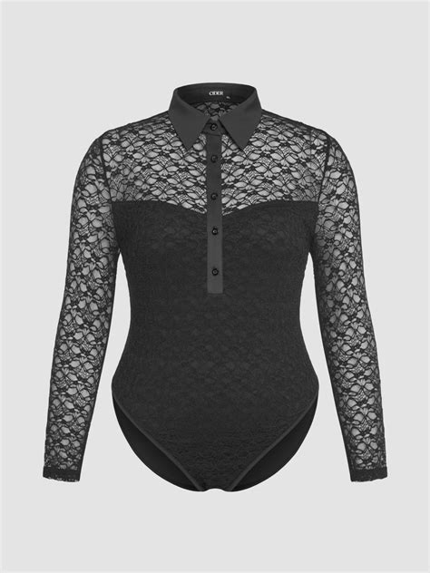 Lace Collar Long Sleeve Bodysuit Curve And Plus Cider