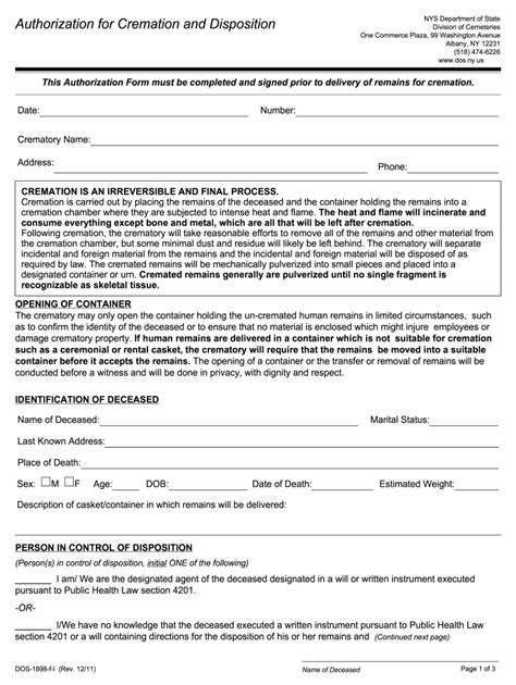 Nys Cremation Authorization Form Fill Online Printable Fillable