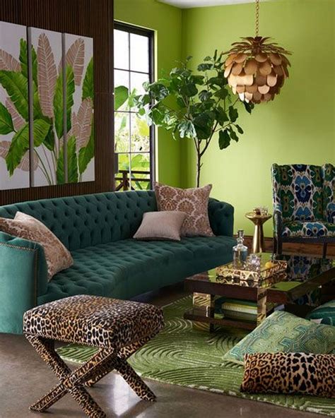 Green Nature Inspired Dark Bohemian Living Room | Tropical home decor