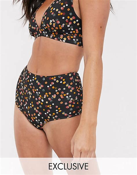 monki recycled polyester ditsy floral print high waist bikini bottoms in black asos