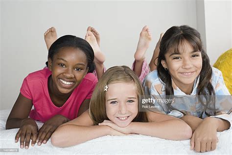 Usa California Los Angeles Three Girls Having Fun At Slumber Party High