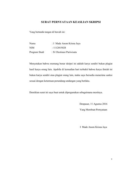 Surat pernyataan keaslian skripsi saya yang bertanda tangan dibawah ini: Contoh Surat Pernyataan Skripsi / Contoh Surat Pernyataan ...