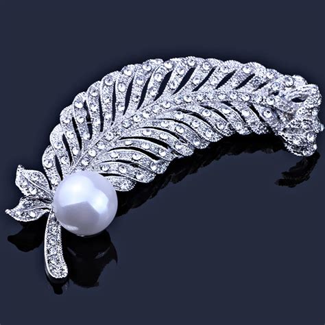 Silver Plated Imitation Pearl Feather Shaped Brooches Pins Trendy Rhinestones Brooch For Women