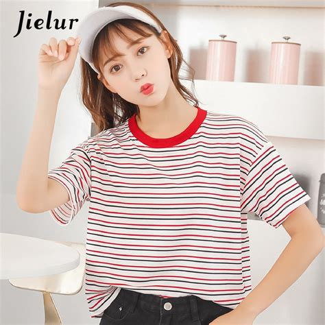 Jielur Korean Fashion Striped T Shirt Female Hit Color White Top Femme Women Basic T Shirt