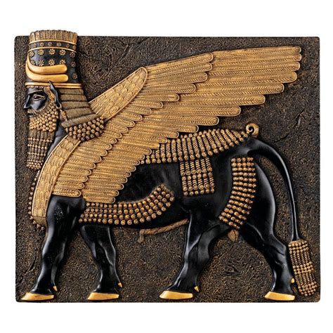 An Egyptian Winged Bull Is Depicted On A Stone Wall With Gold And Black