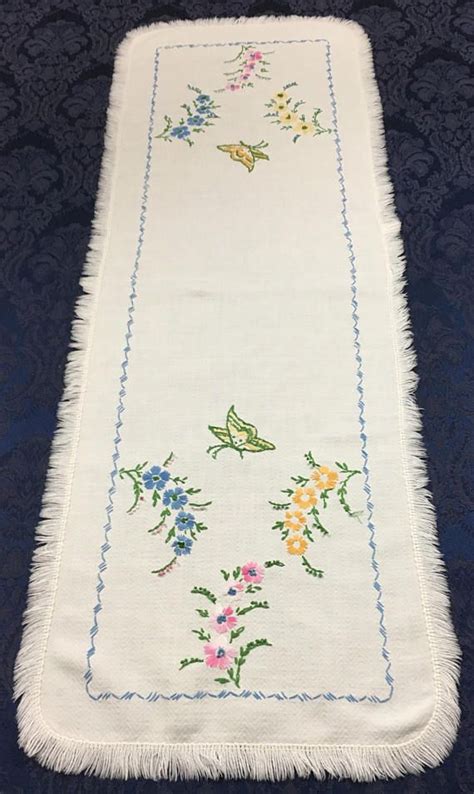 Vintage Linen Hand Embroidered Table Runner With Pastel Flowers And