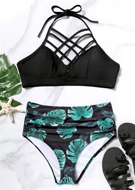 Leaf Criss Cross Halter Bikini Set Black Komily