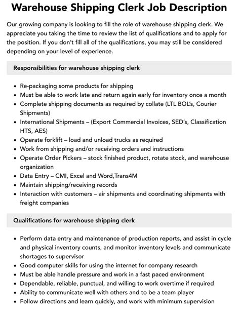 Warehouse Shipping Clerk Job Description Velvet Jobs