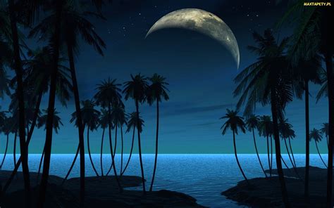 Tapety Zdjęcia Księżyc Ciemne Noc Fantasy Palmy Gwiazdy Ocean