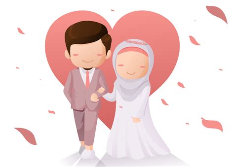 Cute Moslem Or Muslim Couple Wedding Cartoon Illustration With Love