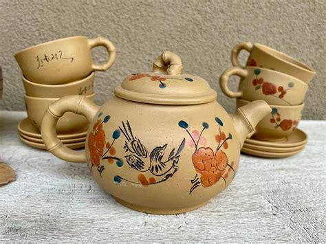 Small Chinese Yixing Teapot And Six Cups With Saucers Bird And Flower