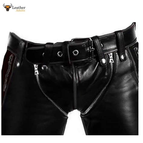 mens black cowhide leather bondage jeans bluf breeches trousers pants leather adults