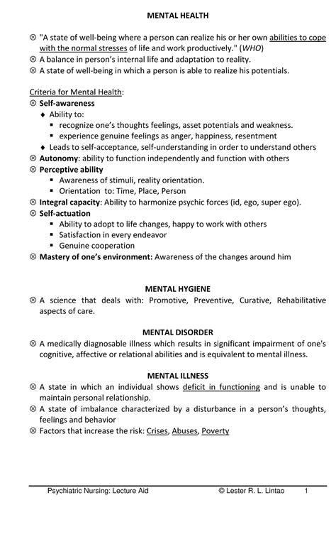 Psychiatric-Nursing - Psychiatric-Nursing - MENTAL HEALTH ⊗ "A state of