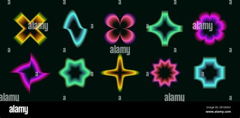 Y2k Neon Gradient Flowers Stars Waves Crosses Set Blurred Aura Of