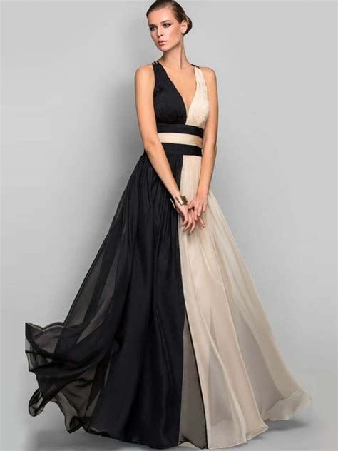 Color Block Sleeveless V Neck Womens Maxi Dress Formal Evening Dresses Black Evening Dresses