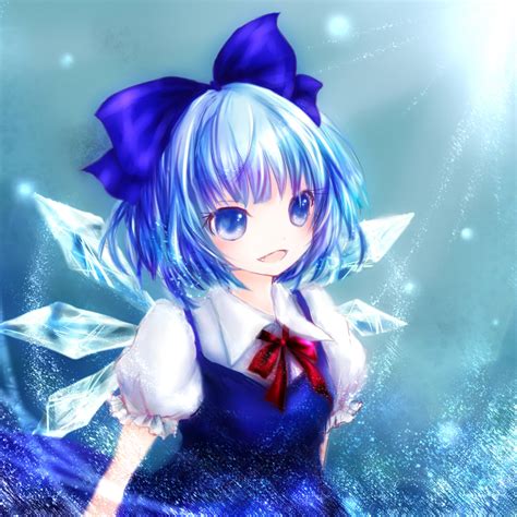 Safebooru Blue Blue Eyes Blue Hair Blush Bow Bust Cirno Dress Fang Hair Bow Ice Open Mouth