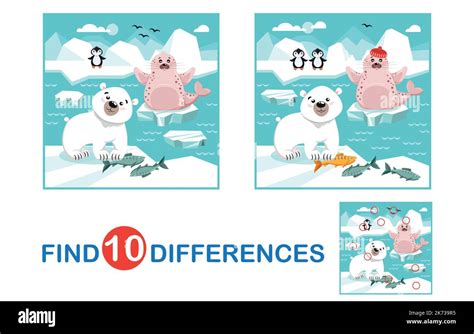 Educational Game For Children Find Differences Cute Arctic Animals In