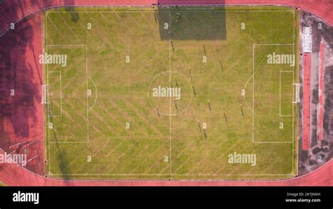 Aerial Football Training Field Birds Eye Soccer Game Top View Of A