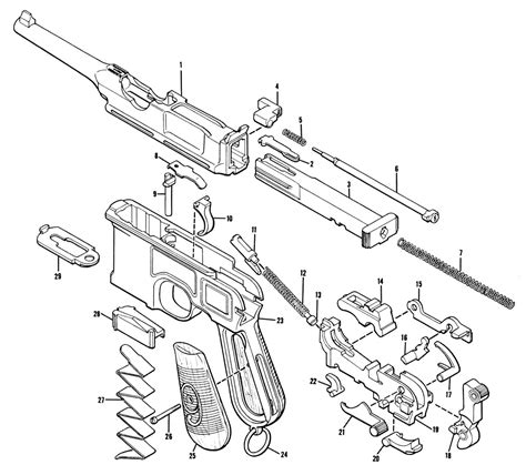 Пистолет Маузер К 96 Mauser C96 устройство взаимодействие частей и